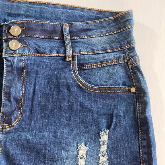 NWT Distressed Deep Blue Cutoff Denim Two Button High Waist Shorts - Picture 2 of 16